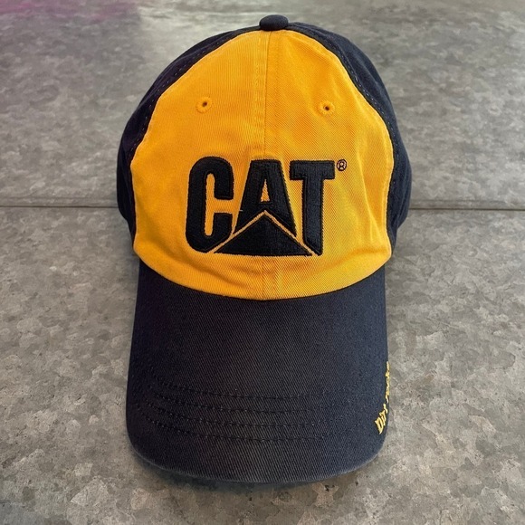 Vintage CAT Caterpillar Dirt Rocks Cap Hat Cotton Navy Blue Yellow 90s Y2K - Picture 1 of 11